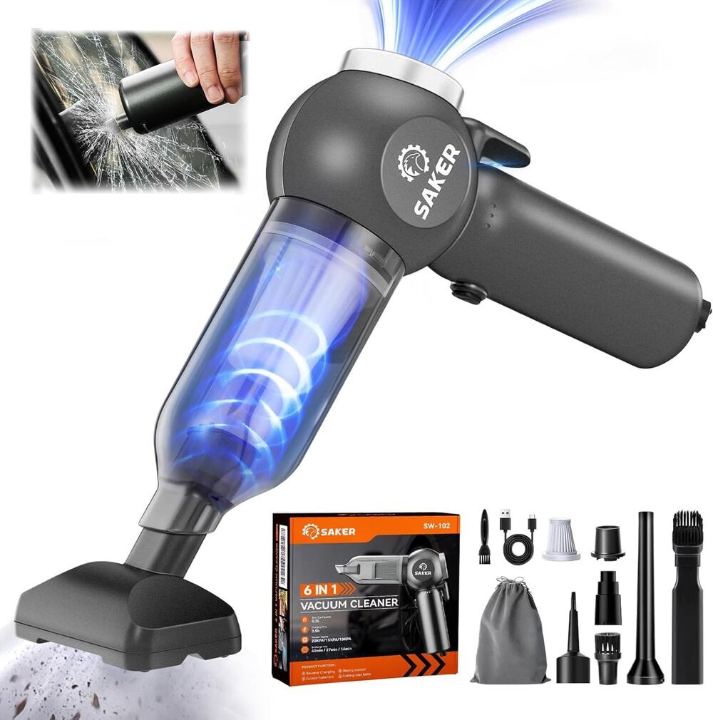Saker Car Vacuum Portable 6-in-1 Cordless Vacuums, 20000PA SW102 Black Brushless